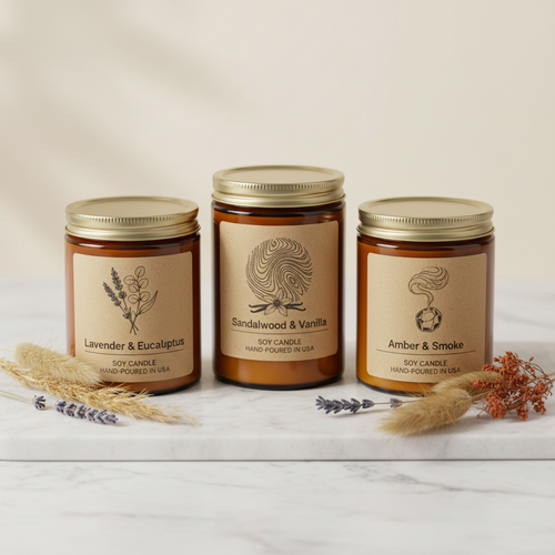 Set of 3 scented soy candles in amber glass jars with kraft paper labels