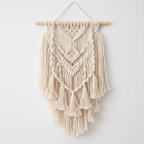 Boho macrame wall hanging with fringe design in natural cotton rope